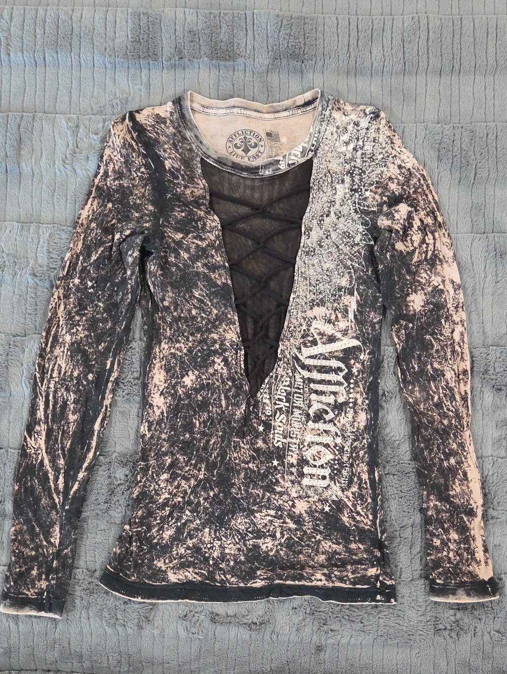 Affliction Brand Black & Cream Lace-Up Long Sleeve Top